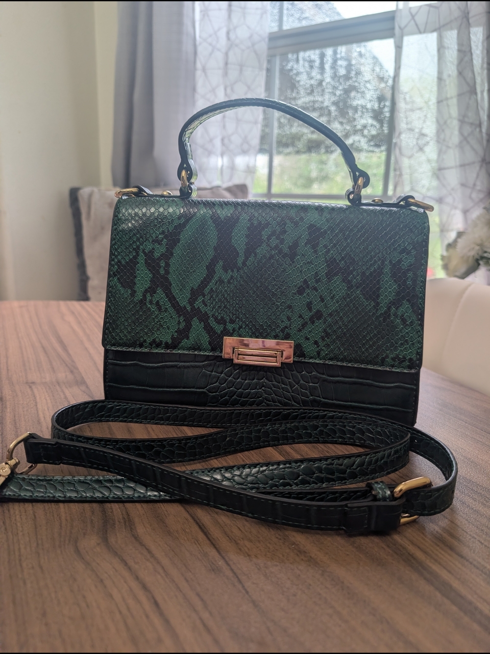 Emerald Snake-Print Top-Handle Satchel with Detachable Strap